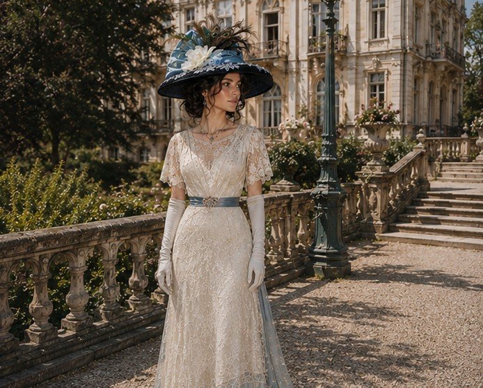 Elegant lady wearing an Edwardian hat and a white afternoon dress both trimmed in blue silk.