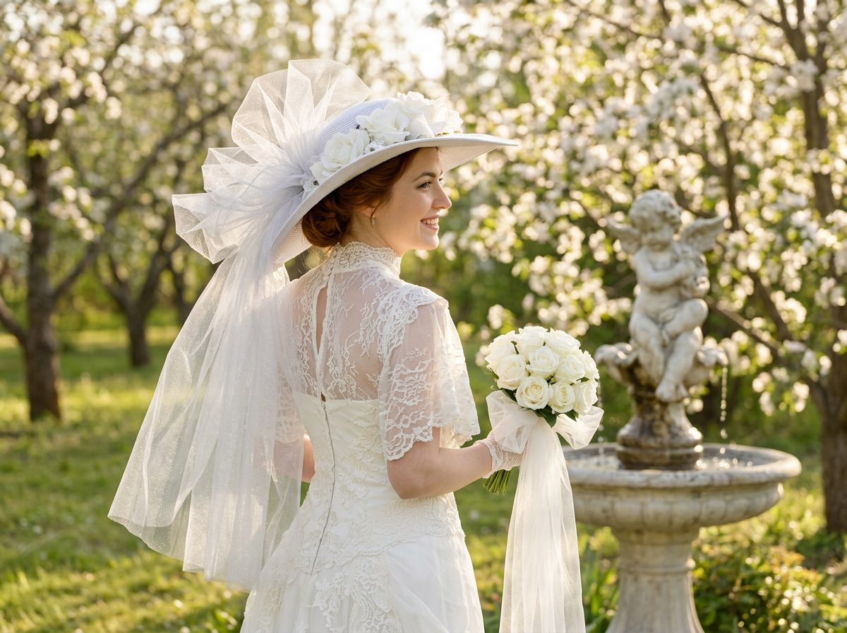 Wide Brim White Southern Belle Hat accented with white roses and white sparkling tulle.