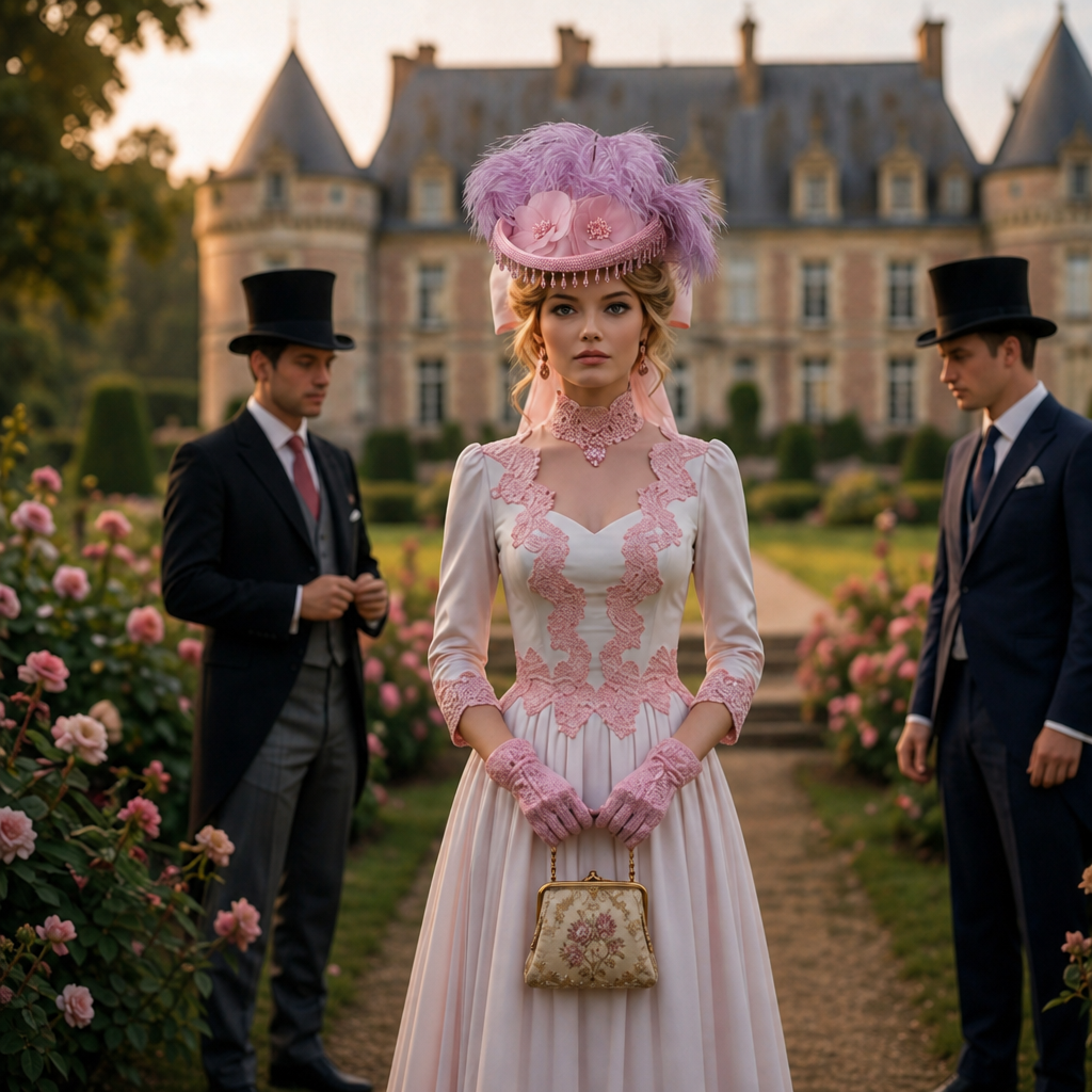 Elegant young woman wearing a beautiful orchid pink riding hat as she's out for a walk in a French Chateau Rose Garden.