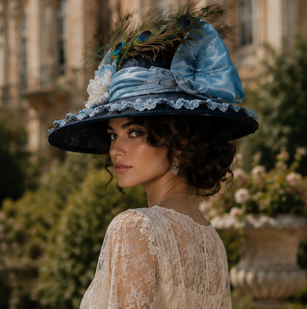 Lovely woman wearing an Edwardian Hat for women adorned with silk taffeta and blue appliques.