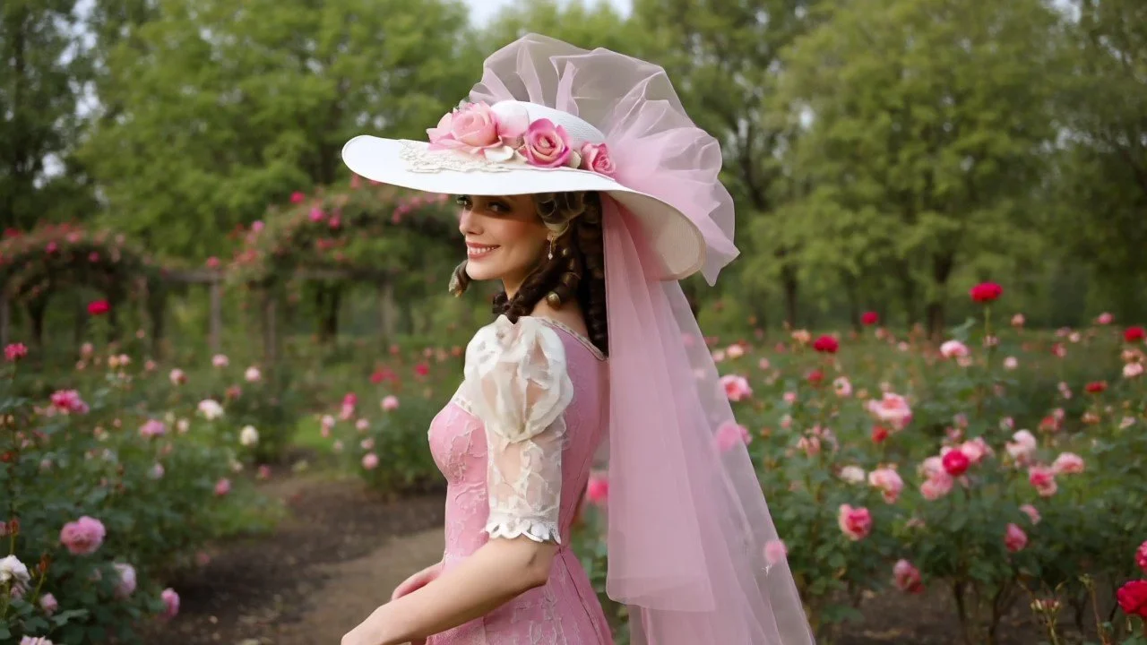 Sideview of White Southern Belle Hat with pink trims and roses.