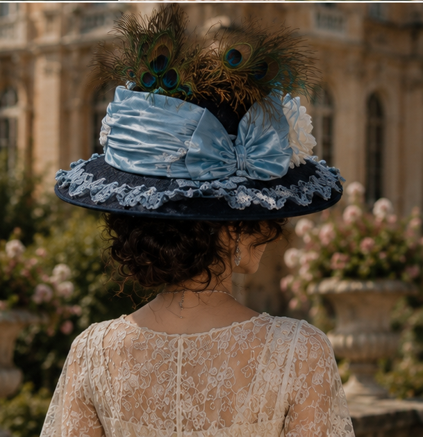 Back view of Edwardian Hat adorned with blue silk taffeta and peacock feathers.