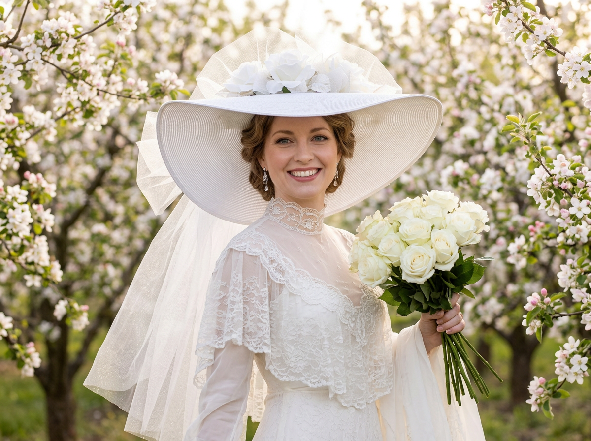 Beautiful Bride wearing a Southern Belle Wedding Hat.