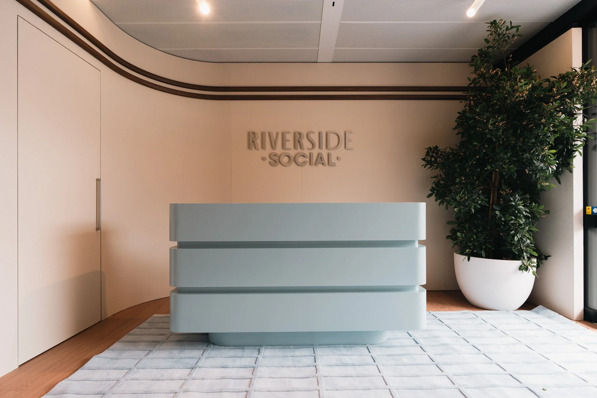 Modern interior with a reception desk reading "Riverside Social", large potted plant, and a striped rug on a wooden floor.