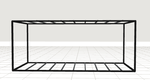 A black wireframe rectangular box on a grid-patterned floor with a plain gray background.