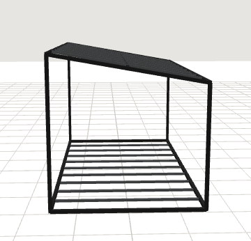 A black metal outdoor shelter with a sloped roof and open sides, placed on a grid-patterned surface.