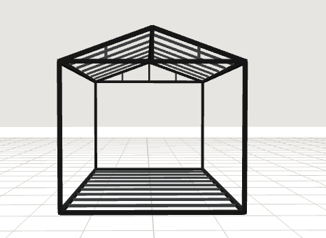 Outline of a black metal cube-shaped structure with an open top, set on a grid floor.