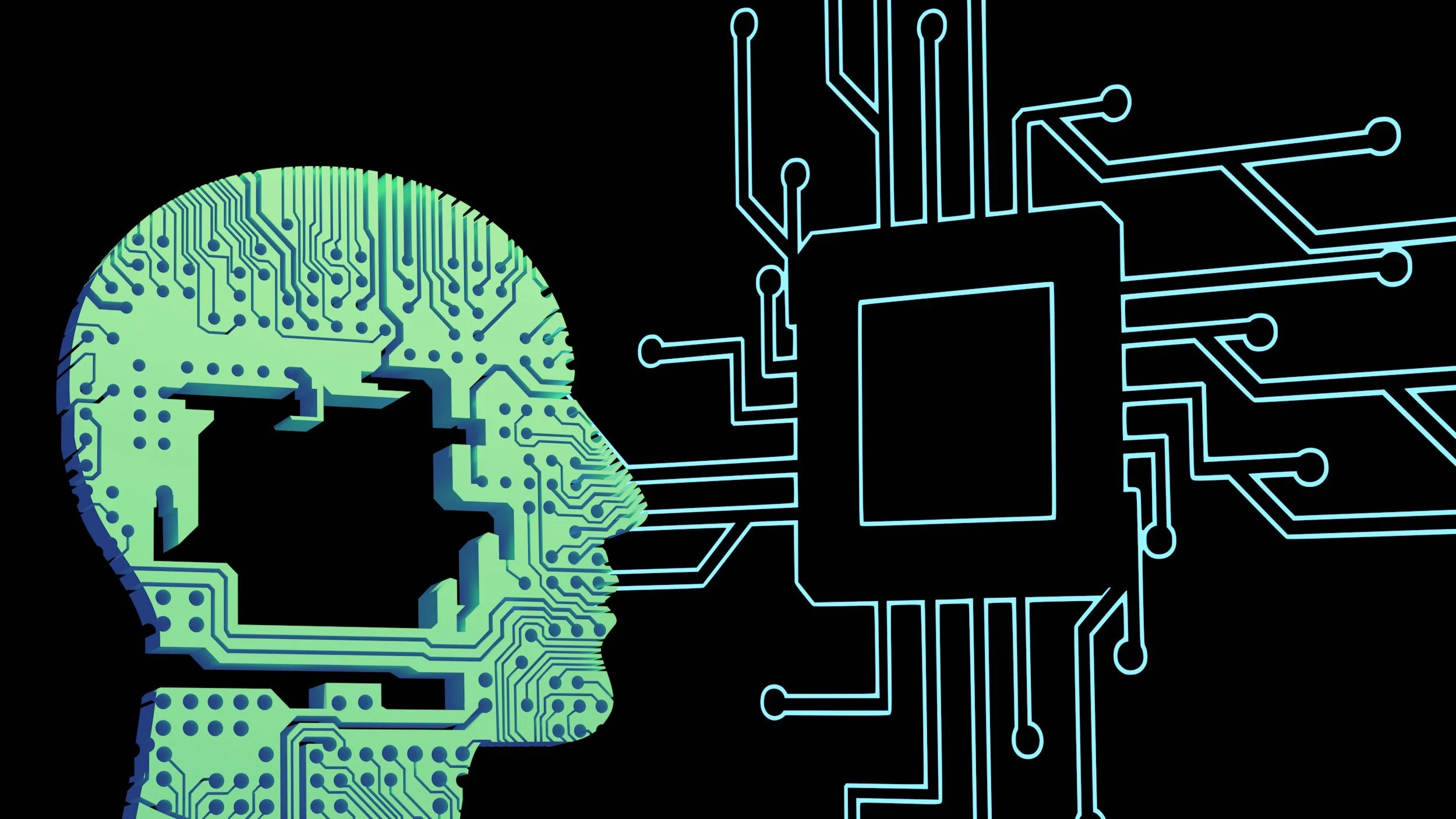 Illustration of a human head profile made of circuit board patterns facing a large computer chip with connecting lines, symbolizing artificial intelligence or technology.