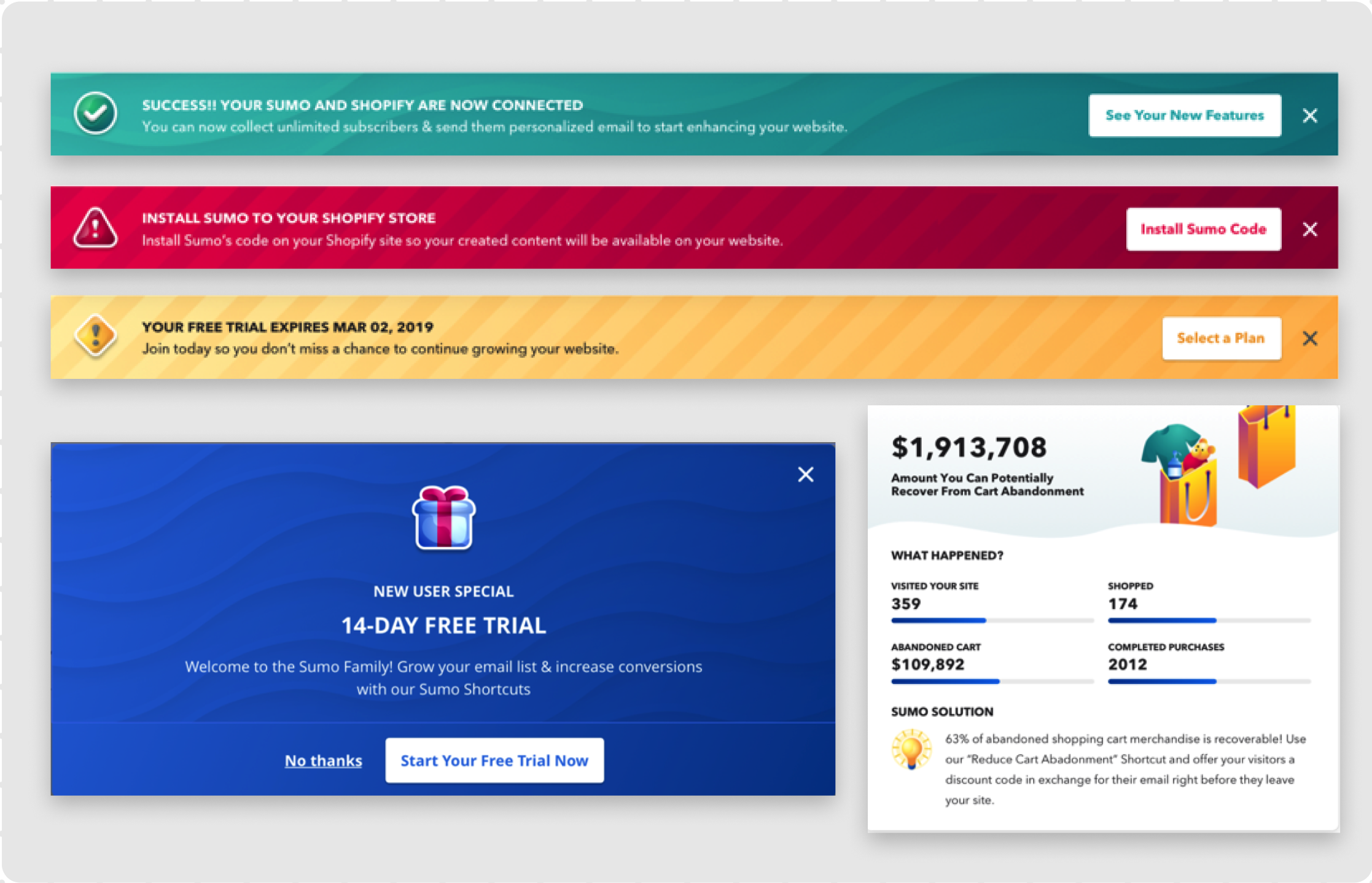 Collection of website pop-up notifications and banners, including success, warning, free trial offers, and a promotional message for recovery of abandoned shopping cart merchandise.