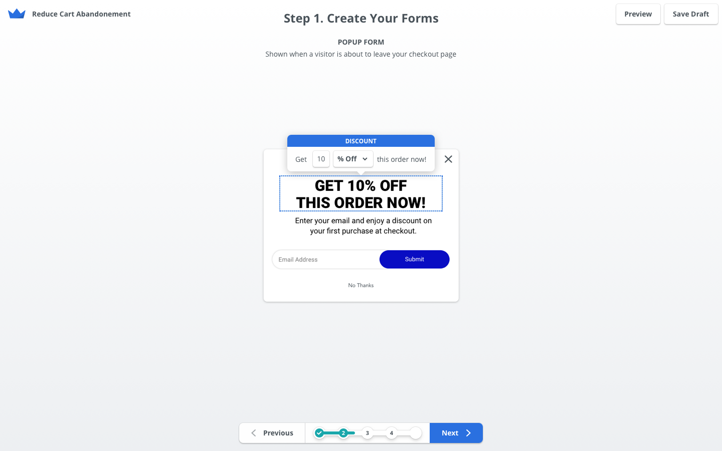 A pop-up form offering a 10% discount for placing an order and entering an email address for the discount.