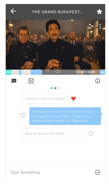 A scene from the movie 'The Grand Budapest Hotel' featuring two men in black clothing, surrounded by an audience in a dimly lit room. Below, a screenshot of a messaging app shows a conversation about favorite movies, mentioning 'Wes Anderson' and a rating of two hearts.