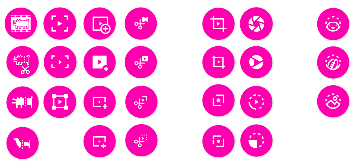 A collection of pink circular icons with white symbols related to photo editing and camera functions on a black background.
