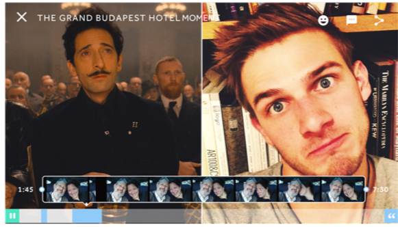 Split-screen: left side shows a man with dark hair and a mustache, in a formal setting with other people in the background; right side shows a young man with reddish-brown hair lying on a bed with books and a laptop around him.