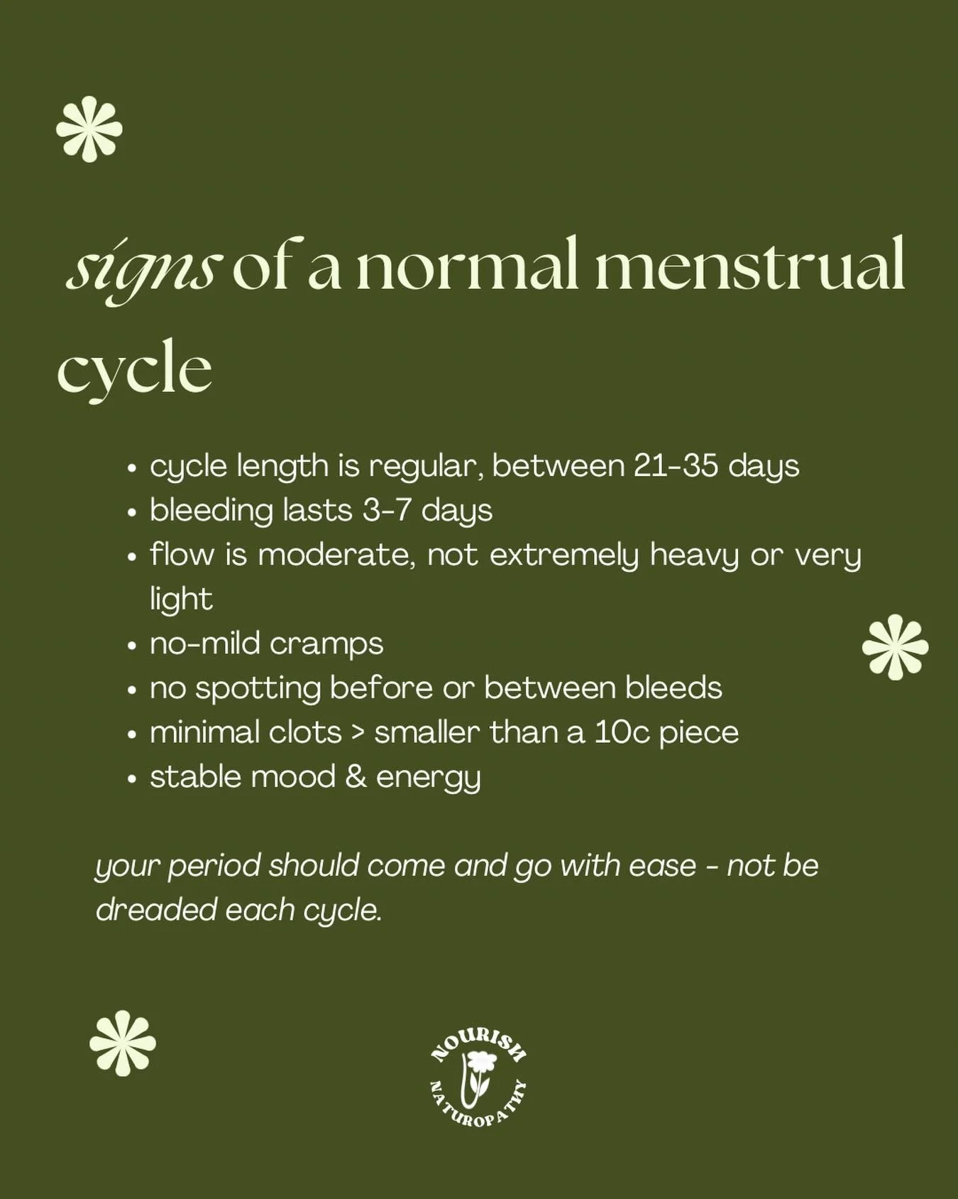 So often we don&rsquo;t know what&rsquo;s &lsquo;normal&rsquo; because we&rsquo;re told that pain, PMS, flooding through products&hellip; is! If you&rsquo;re looking for signs of a healthy menstrual cycle, go off these points 🫶🏼 And if you&rsquo;re