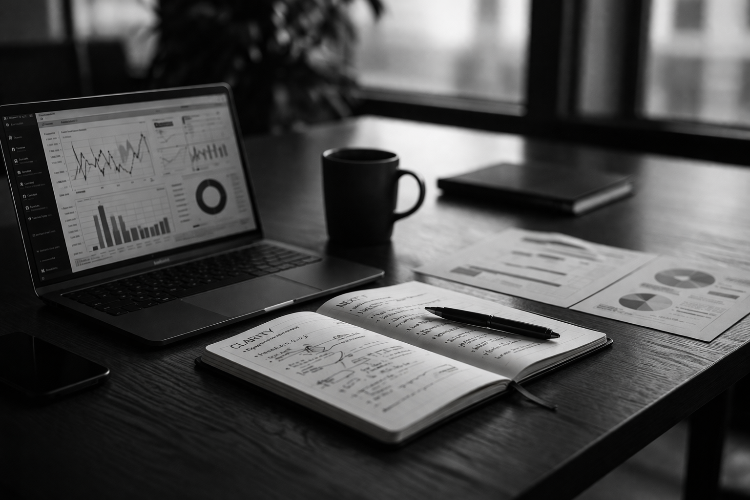 Office desk with a laptop displaying graphs, open notebook with notes and a pen, printed charts, a coffee mug, and a closed notebook near a window.