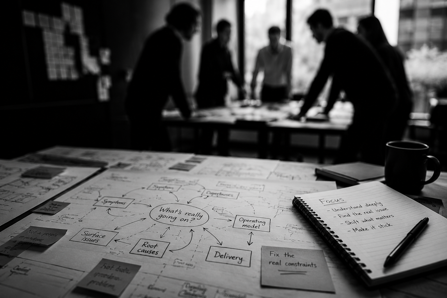 Black and white photo of a team of five people standing around a table at a meeting or brainstorming session in front of a large window with natural light. In the foreground, there is a table with a notebook, pen, a coffee mug, and a detailed mind map titled 'What's really going on?' with various related notes and ideas.