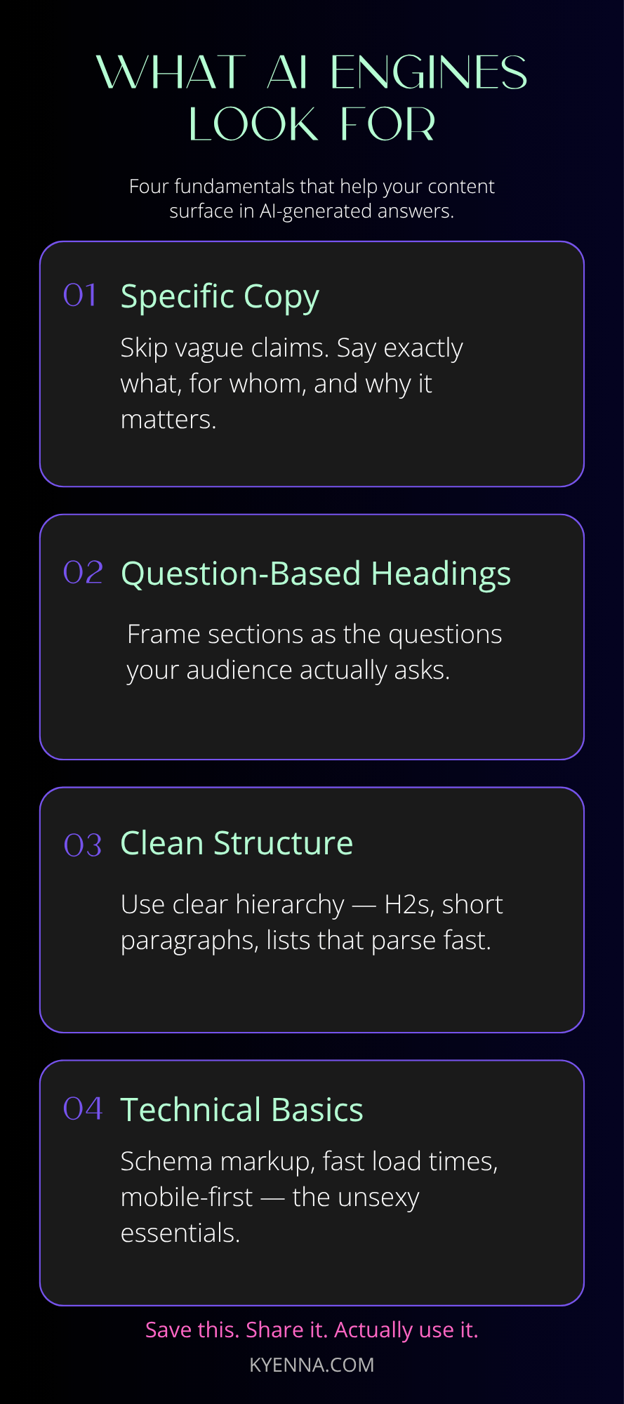 Four factors AI search engines use to choose what to cite: specific copy, question-based headings, clean structure, and technical basics