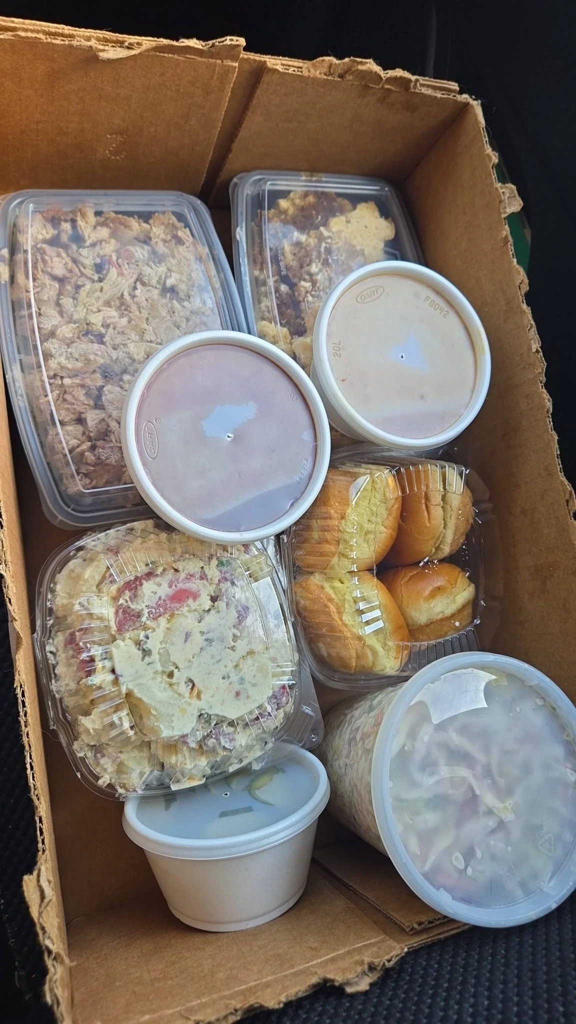 4 meals left. Tomorrow will be the last chance. Everything made from scratch except the bread! Loaded Potato Salad, sweet spicy dill pickles, 1.5lbs of 16 hour smoked chopped pork, Slaw, baked mac and cheese, WNC BBQ Sauce and SC Mustard Molasses BBQ