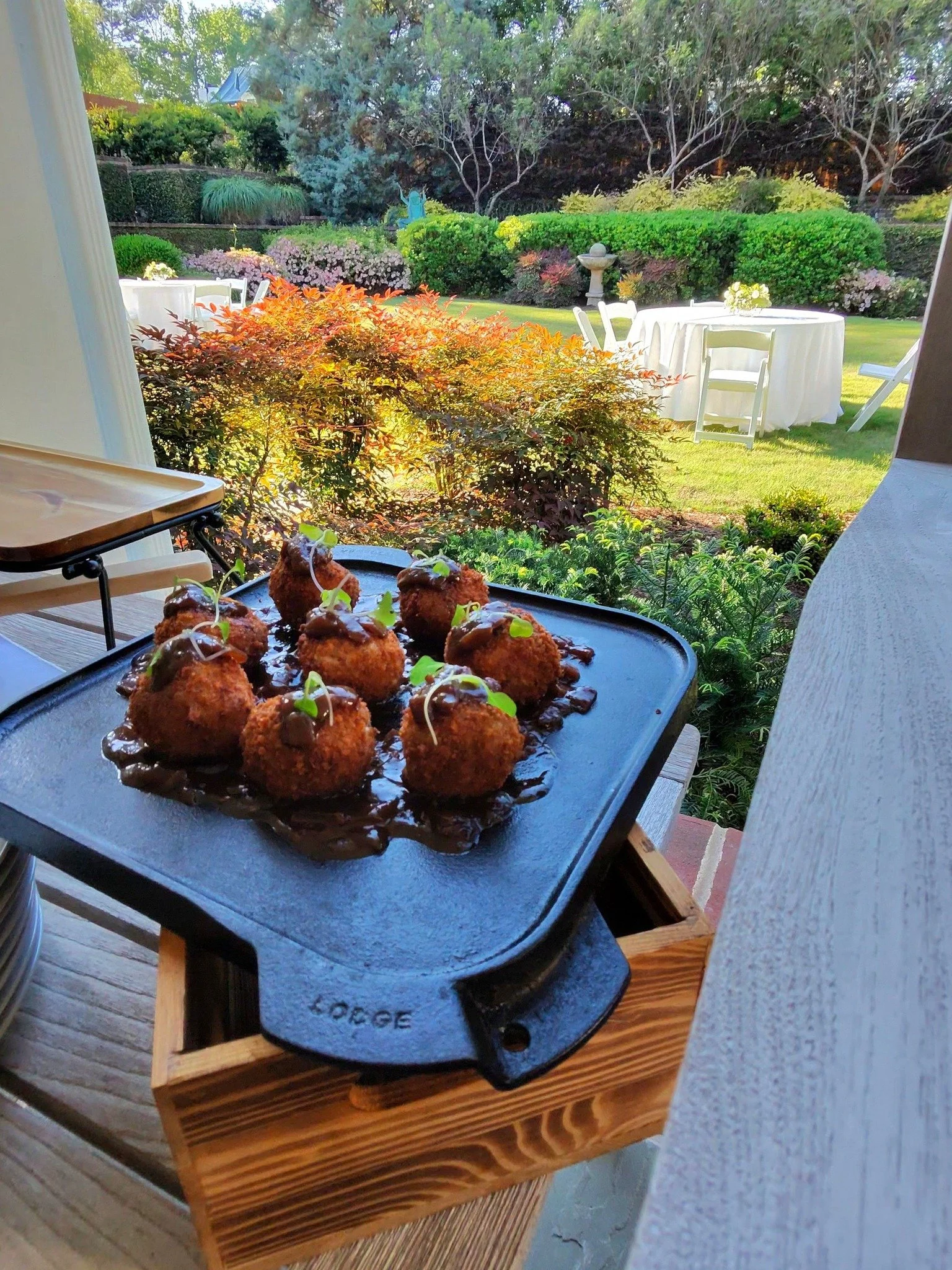 Filet Arancini w/Cornbread Crust &amp; Roasted Onion Demi Glace.

Hoping to score best use of left overs for this week at the masters!