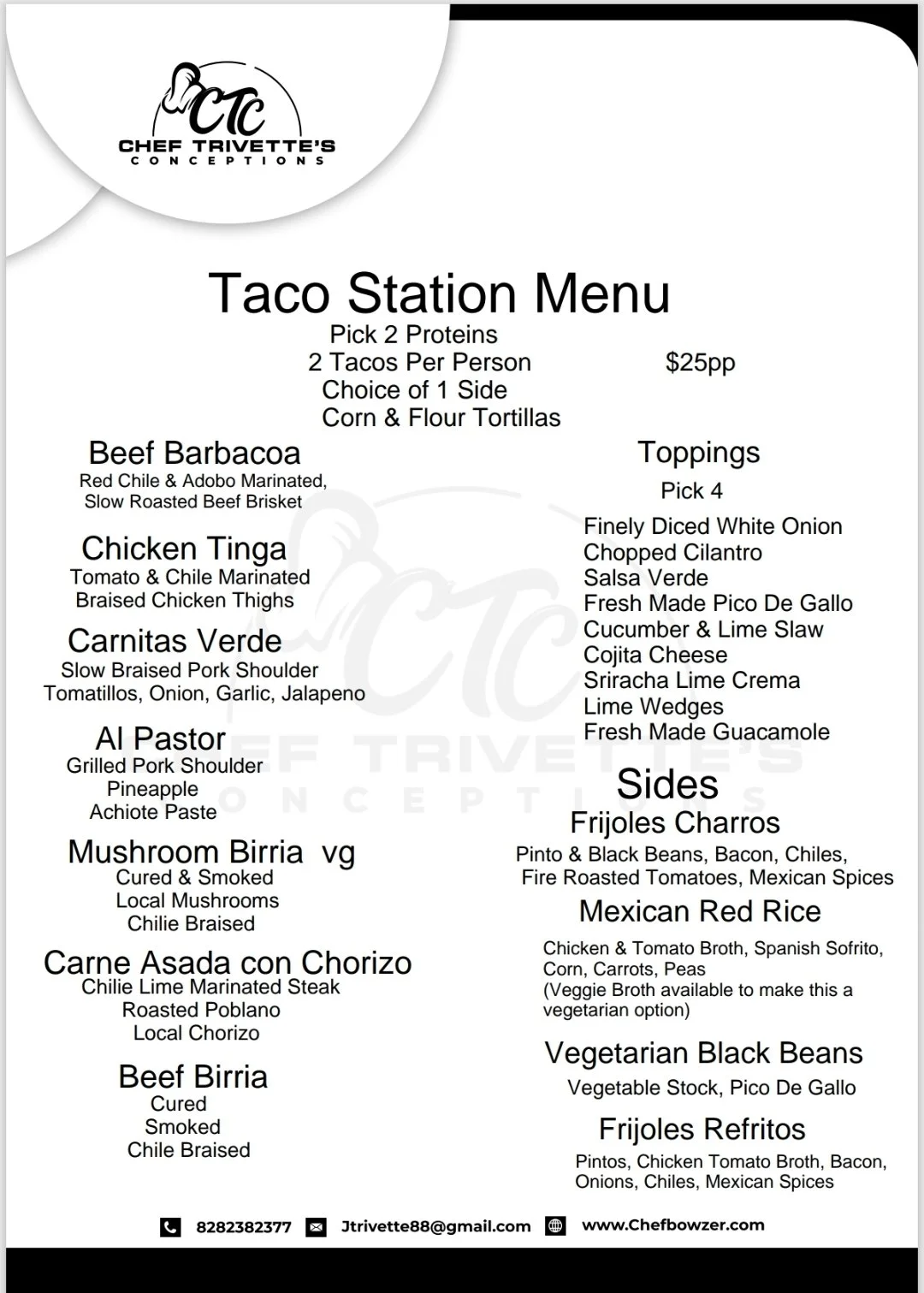Taco Station Menu from Chef Trivette's Conceptions, offering various protein options, toppings, and sides, with prices listed.