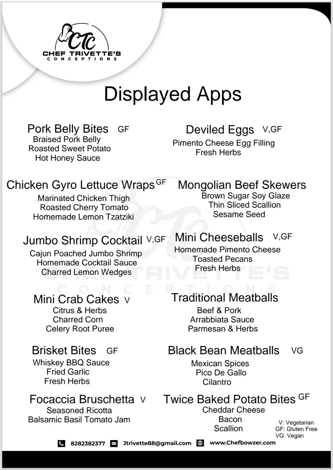 Menu of various appetizers from Chef Trivette's Conceptions, including Pork Belly Bites, Deviled Eggs, Chicken Gyro Lettuce Wraps, Mongolian Beef Skewers, Jumbo Shrimp Cocktail, Mini Cheeseballs, Mini Crab Cakes, Traditional Meatballs, Brisket Bites,
