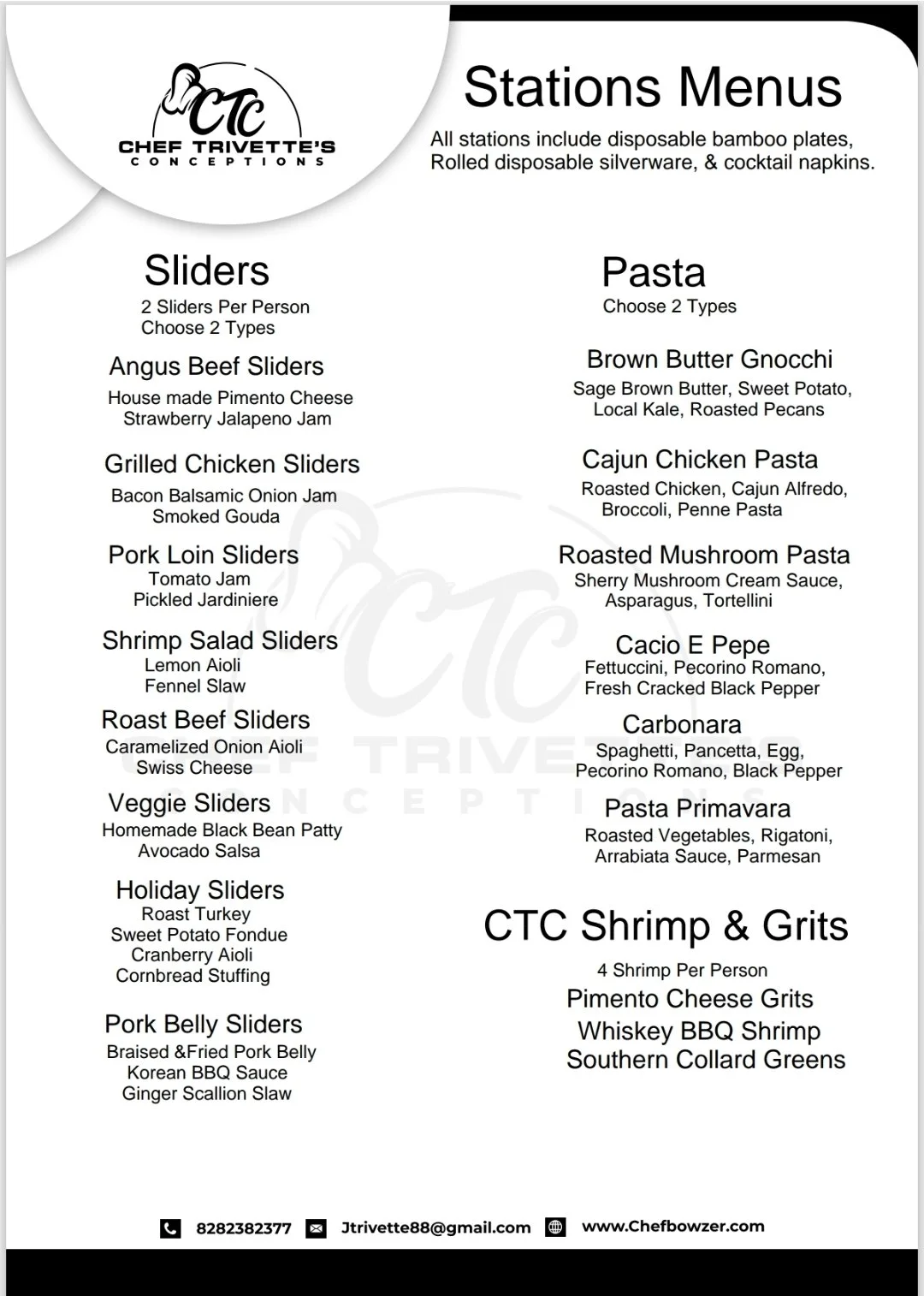 Menu for Chef Trivette's Conceptons featuring sliders, pasta, and shrimp and grits options, with descriptions of each dish.