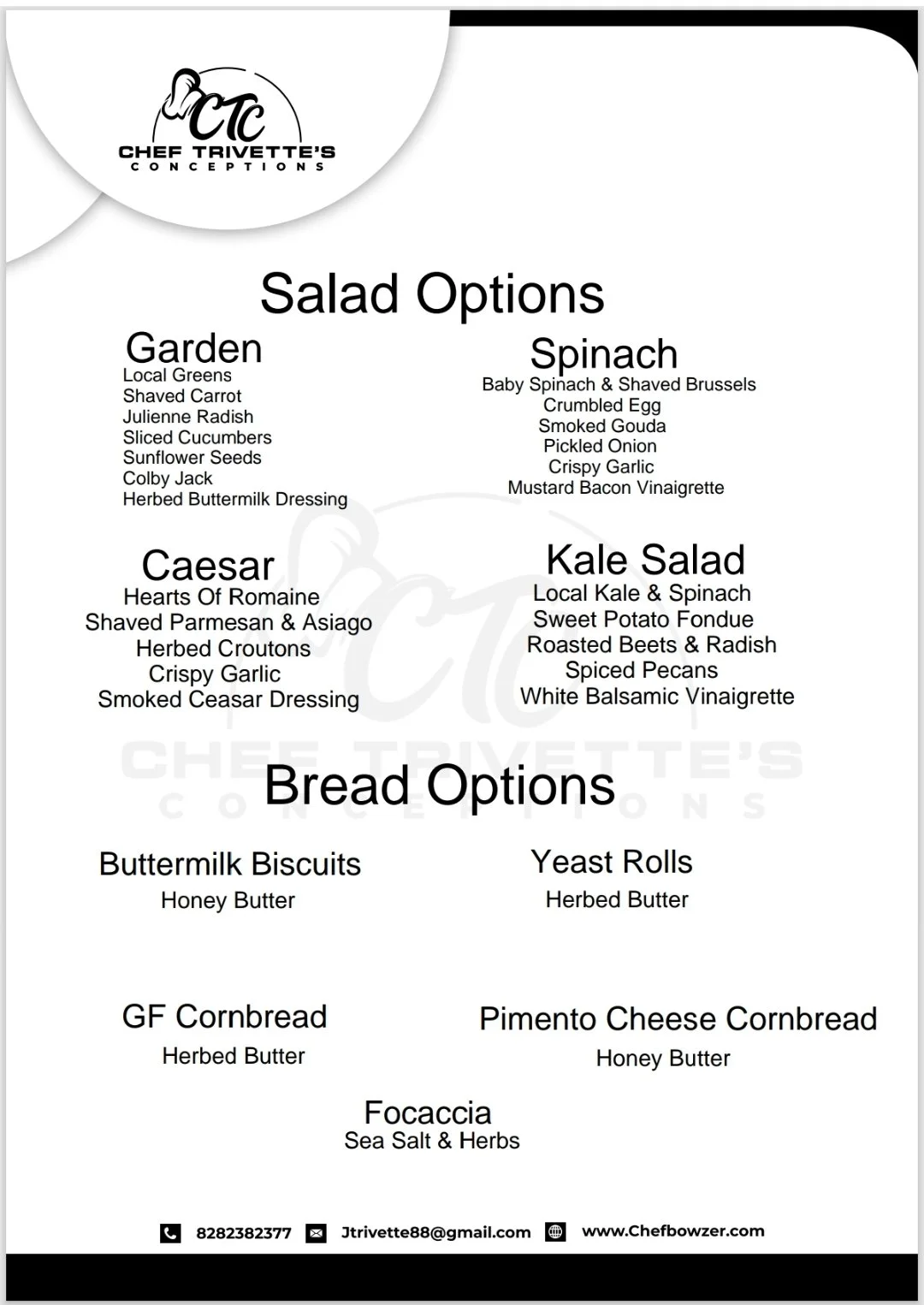 Menu showing salad options: Garden with greens, carrots, radish, cucumbers, sunflower seeds, jack cheese, buttermilk dressing; Spinach with spinach, Brussels, egg, gouda, onion, garlic, bacon vinaigrette; Caesar with romaine, parmesan, croutons, garl