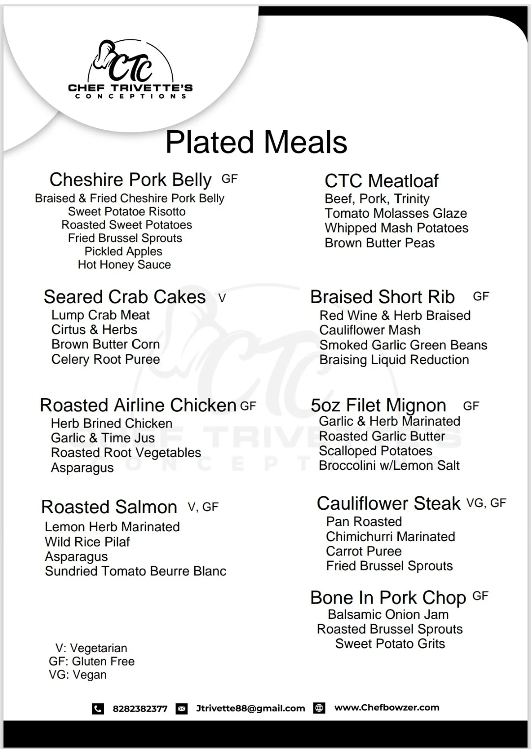 Menu featuring plated meals including Cheshire Pork Belly, CTC Meatloaf, Seared Crab Cakes, Braised Short Rib, Roasted Airline Chicken, 5oz Filet Mignon, Roasted Salmon, Cauliflower Steak, and Bone In Pork Chop.