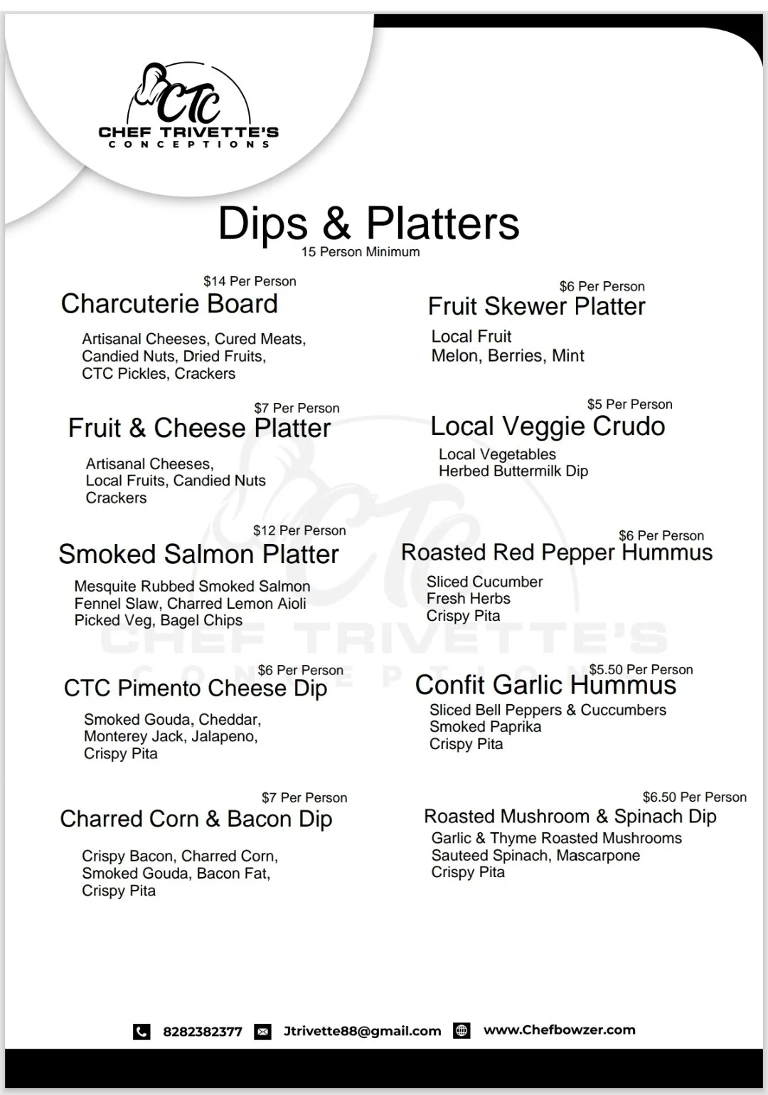 Menu listing various dips and platters, including Charcuterie Board, Fruit Skewer Platter, Fruit & Cheese Platter, Smoked Salmon Platter, CTC Pimento Cheese Dip, Charred Corn & Bacon Dip, Confit Garlic Hummus, Roasted Red Pepper Hummus, and Roasted M