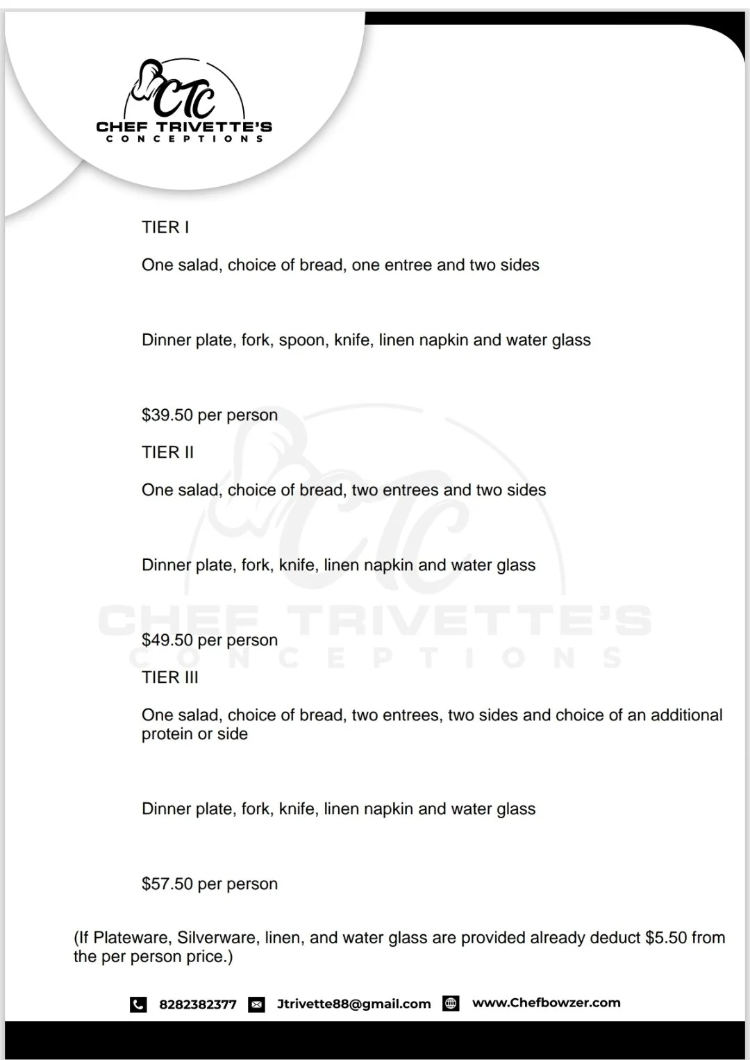 Menu for Chef Trivette's Conceptions offering four tiers of meal options, each including salad, bread, entrees, sides, and a water glass, with prices ranging from $39.50 to $57.50 per person.