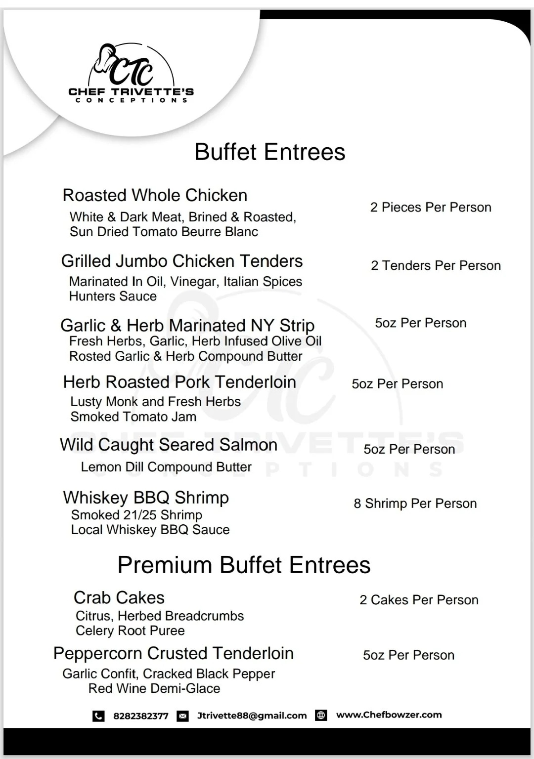 Menu for Chef Trivette's Conceptions featuring buffet and premium entrée options, including roasted whole chicken, grilled jumbo chicken tenders, garlic and herb marinated NY strip, herb roasted pork tenderloin, wild caught seared salmon, whiskey BBQ