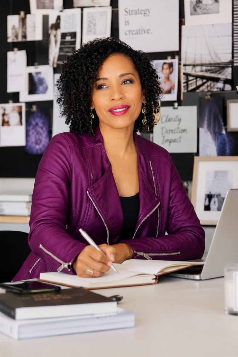 A woman with curly black hair wearing a purple jacket and earrings sitting at a desk with a notebook and laptop in an office or studio with photos and posters on the wall behind her.