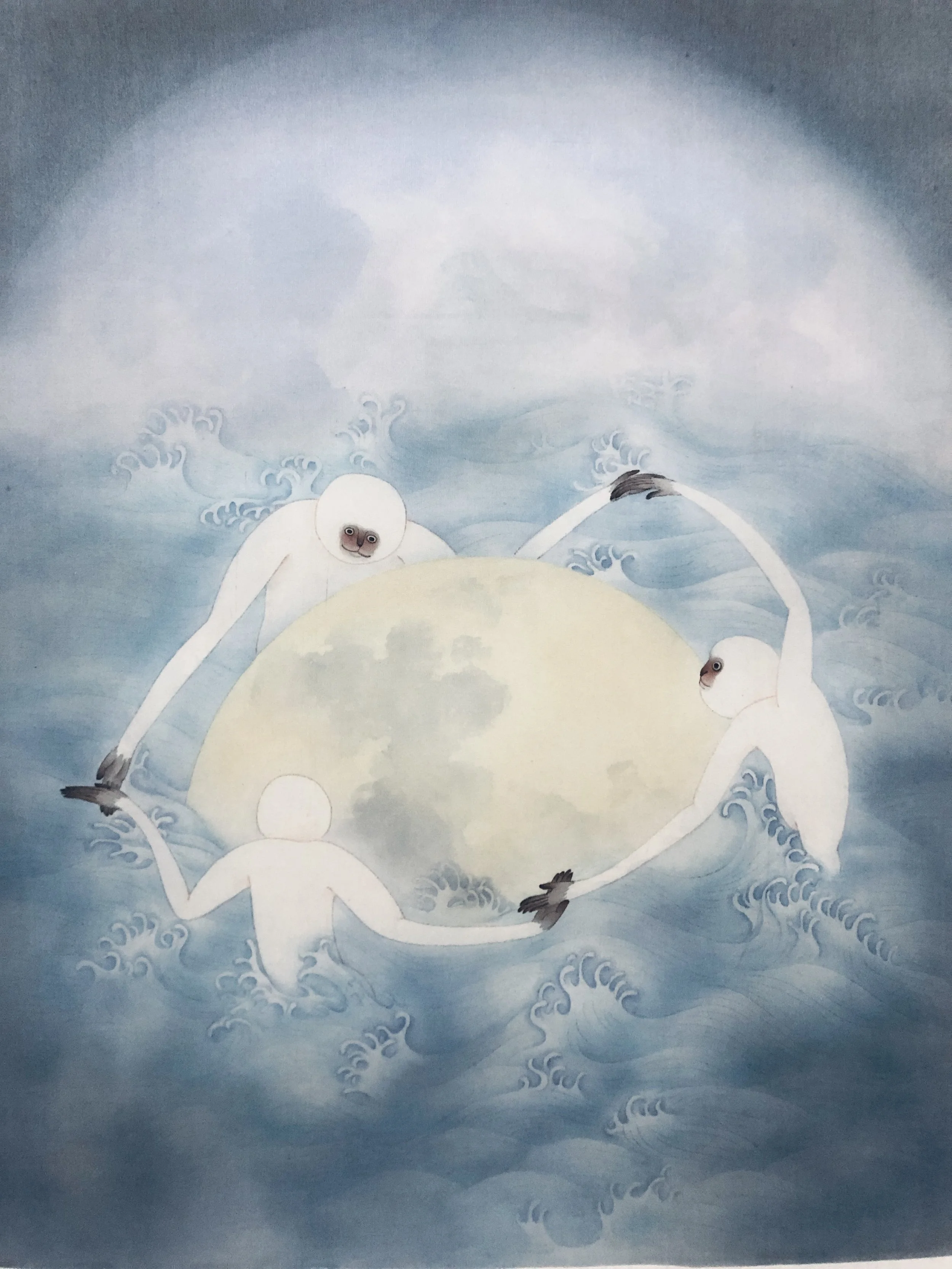 Painting of four white figures with bald heads and dark eyes holding hands in a circle in water with swirling waves. Behind them is a large, glowing full moon in a cloudy sky.