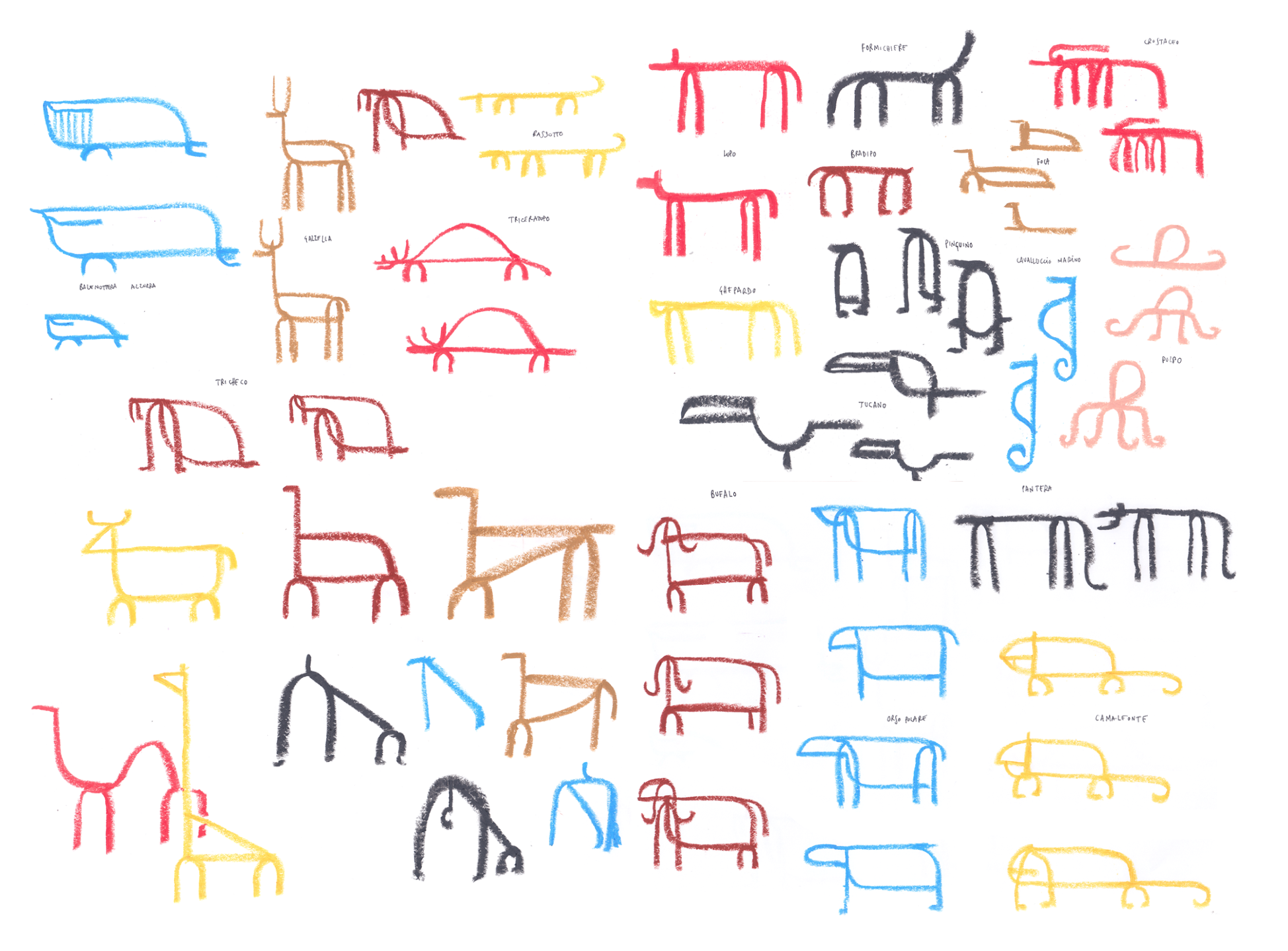 A collection of colorful, hand-drawn sketches of various animals, including birds, deer, elephants, giraffes, and dogs, many labeled with their names.