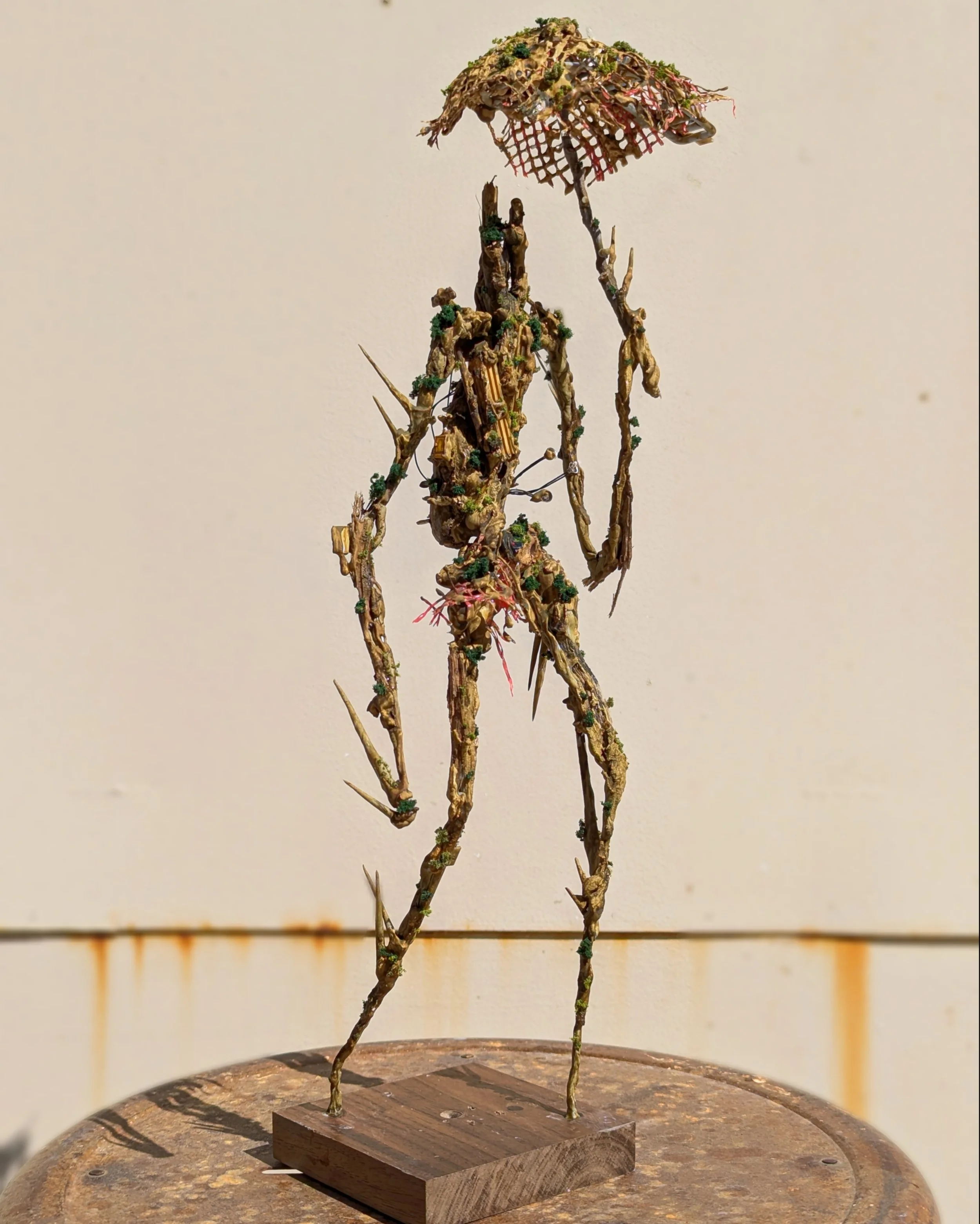 A sculpture of a humanoid figure made from intertwined twigs, branches, and natural materials, holding an umbrella made of similar materials, standing on a wooden base.