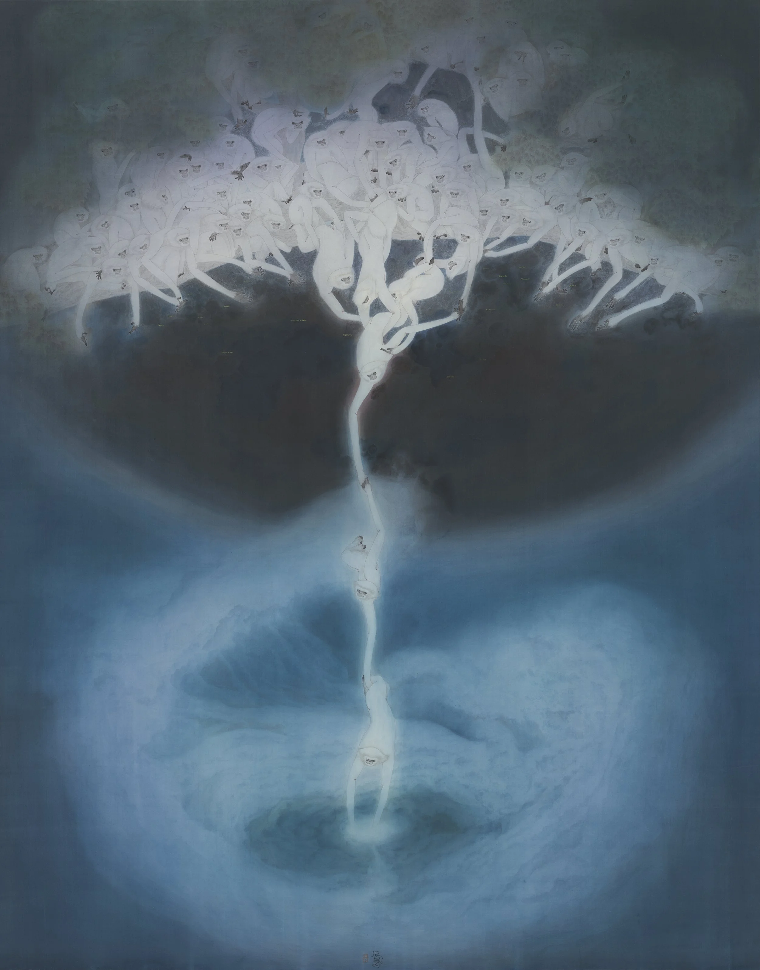 A surreal painting of white, humanoid figures fused with a tree, with their reflections in water below. The scene features a dark, stormy sky and a mysterious, mystical atmosphere.