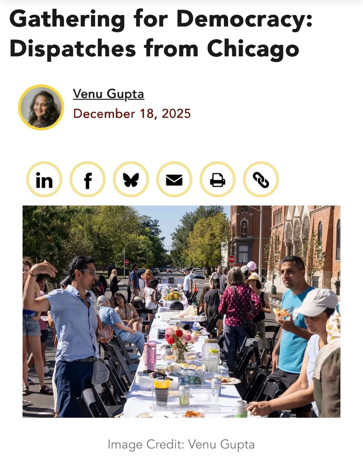 When neighbors come together to share a meal, something extraordinary happens &mdash; courage grows, fear shrinks, and democracy comes alive. Grateful to Venu and the Chicago community for bringing The Longest Table to life in such powerful ways. 🍽?