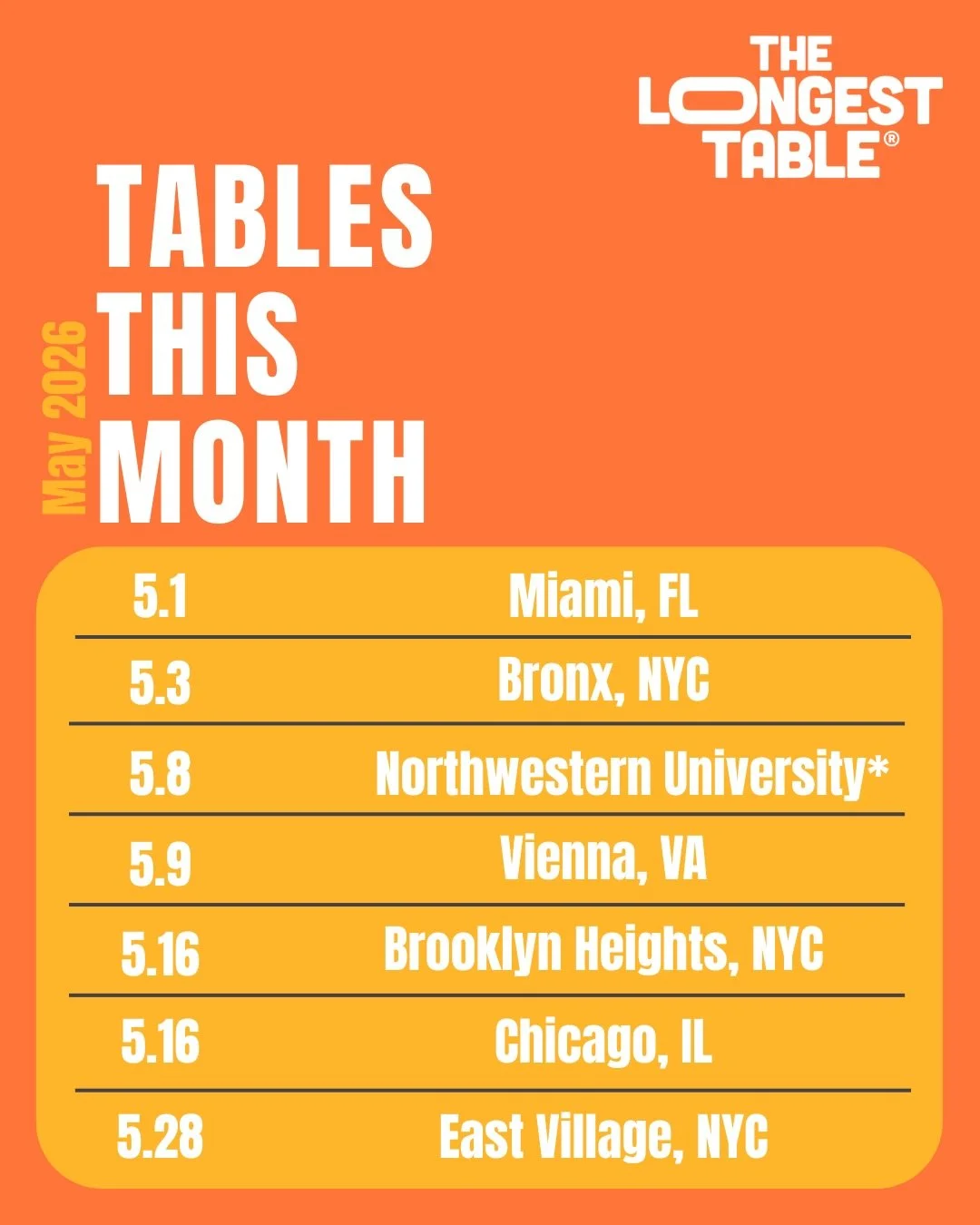 May&rsquo;s packed with Longest Table gatherings, and it&rsquo;s the perfect excuse to slow down and share a meal with your neighbors. Think easy laughter, new friendships, and that kind of &ldquo;how did we just meet?&rdquo; energy that makes commun