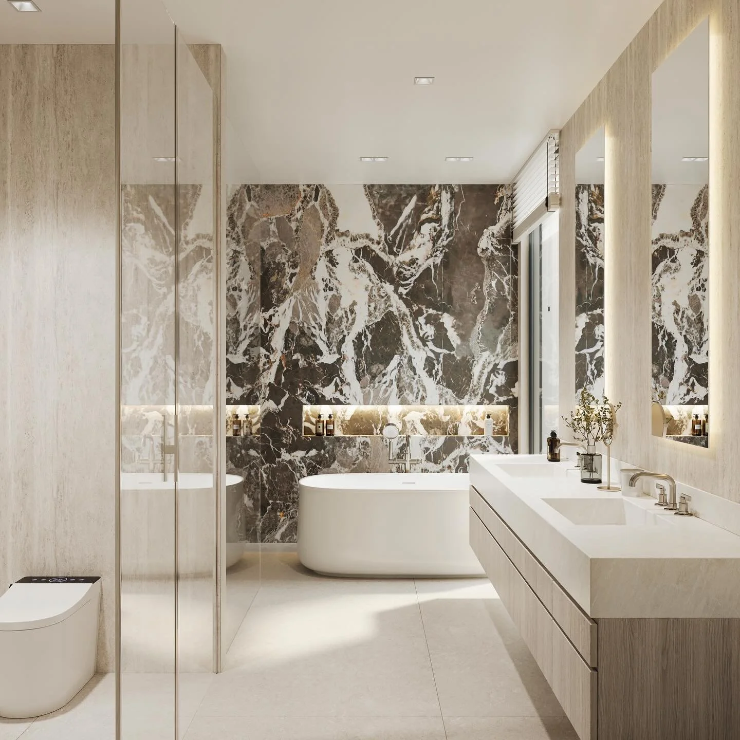 In this spec home, our focus for the bathroom was to keep it clean, minimal, and inviting.

Veined marble introduces a sense of movement, while warm wood and soft stone bring balance and ease. The palette is restrained, allowing each material to quie
