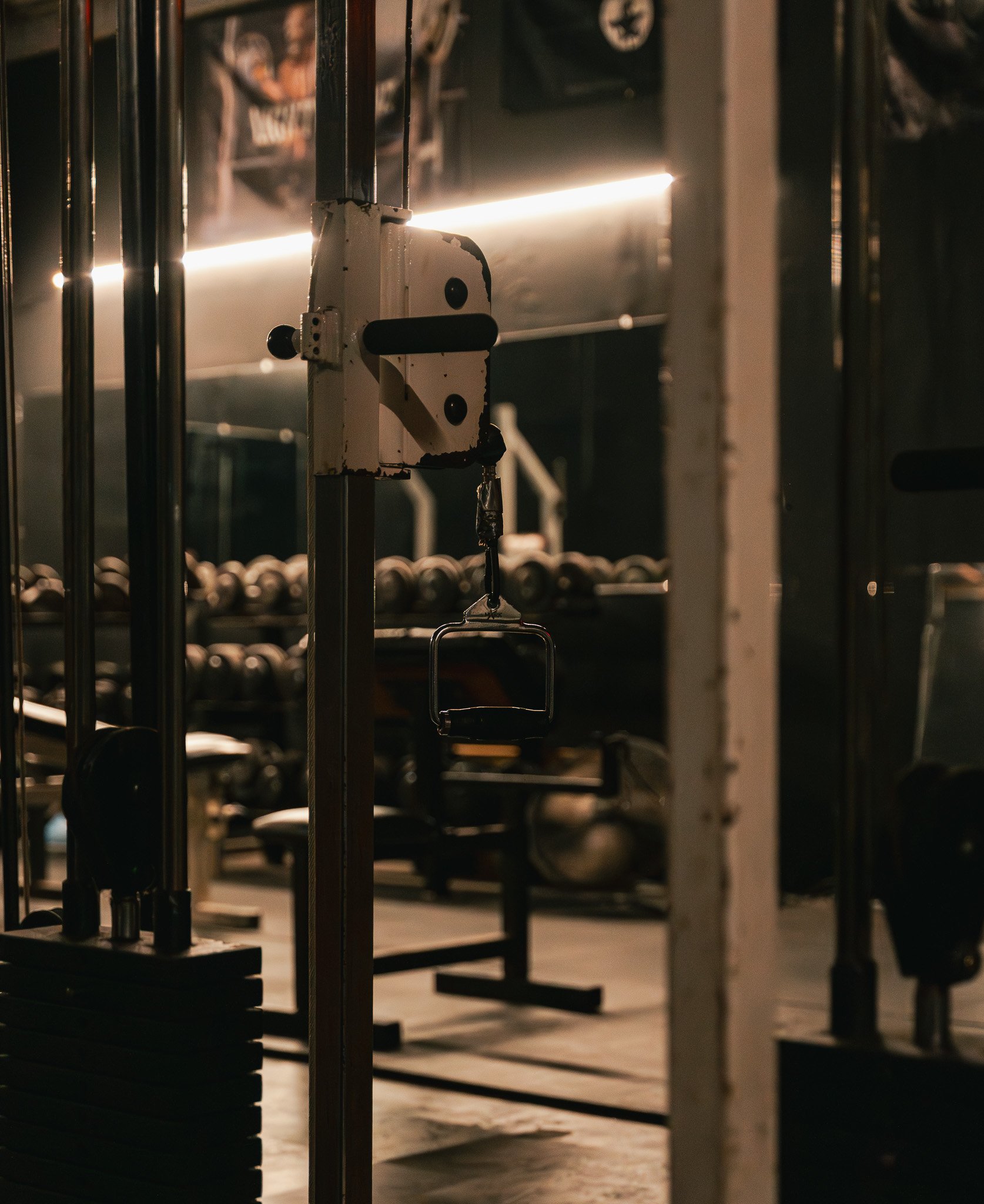 Close-up of strength-training equipment inside the gym