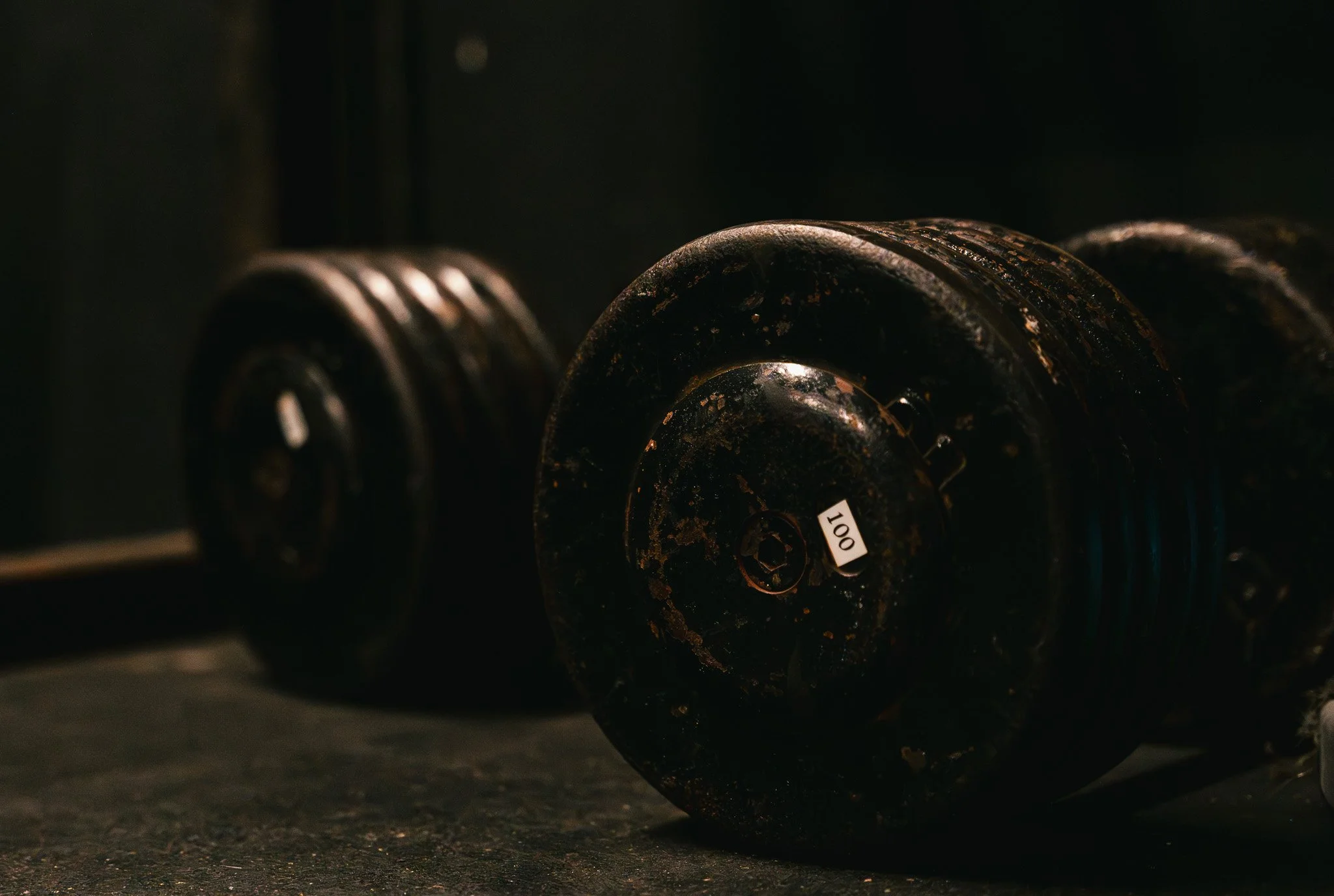 Close-up of heavy dumbbells on The Forge Gym floor