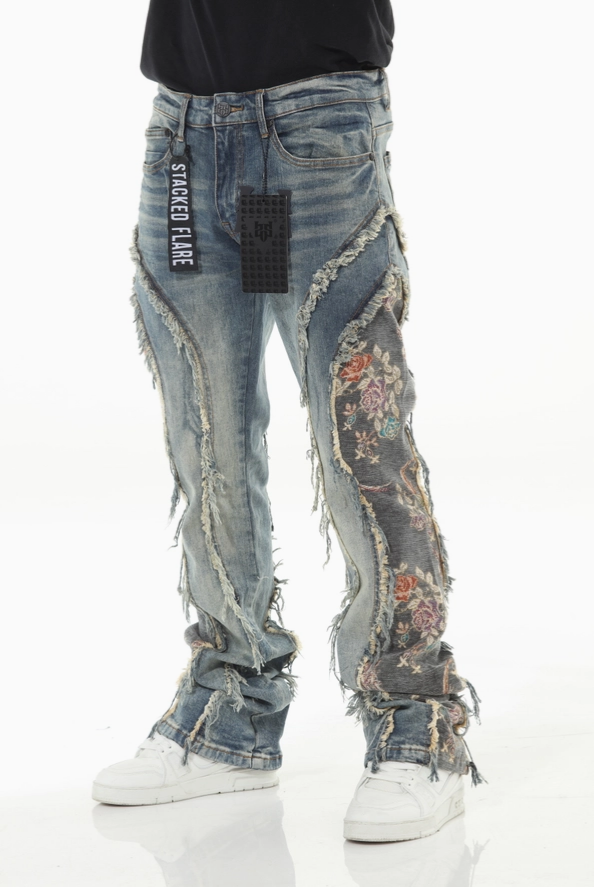 Floral Embroidery Stacked Flare Jeans
