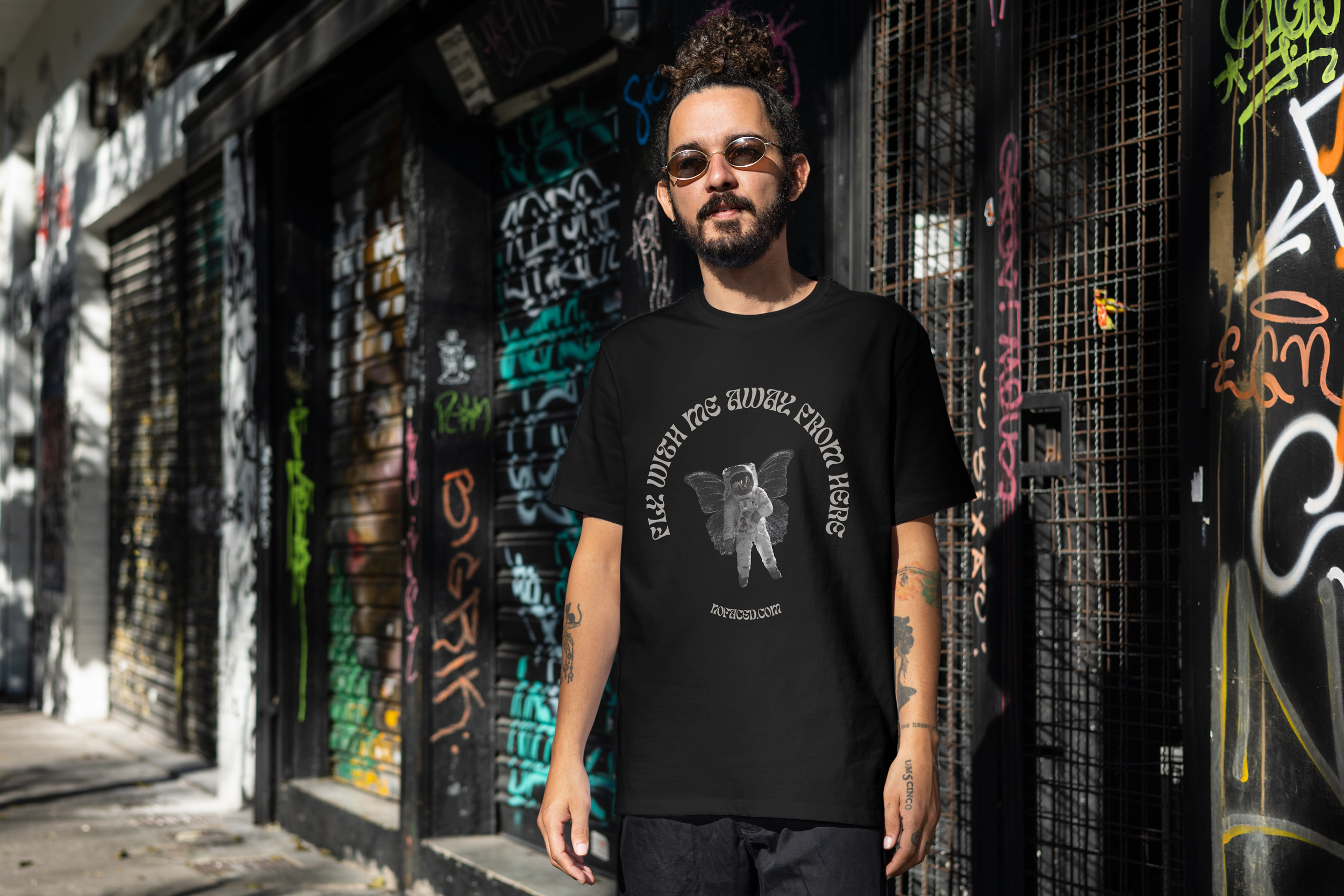 noFaced limited edition streetwear tee front view bold graphic t-shirt exclusive drop shirt expression with purpose hoodie artist collab design custom crewneck graffiti artwork urban