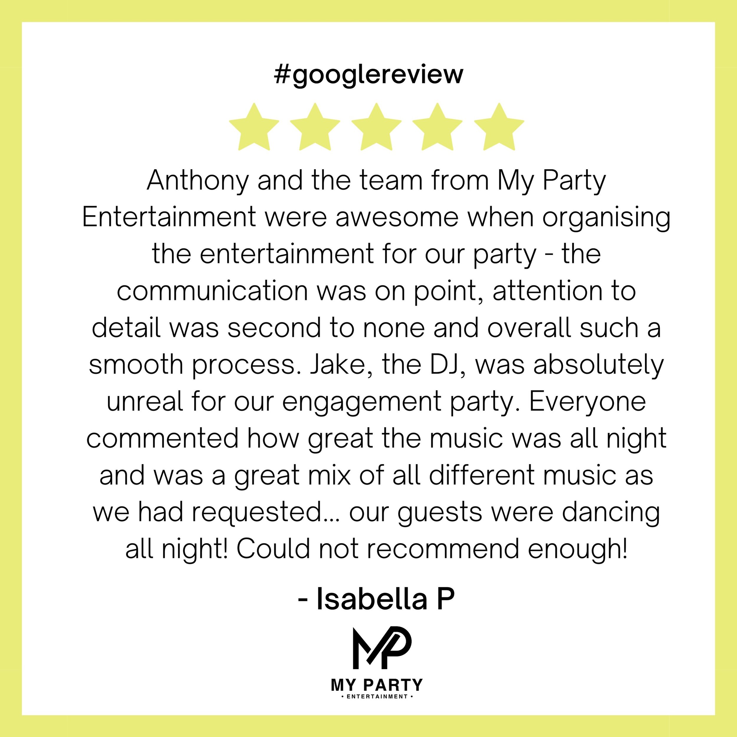 Thank you Isabella for the great review 🙏😃

#review #mypartyentertainment #happycustomer #dj #engagement
