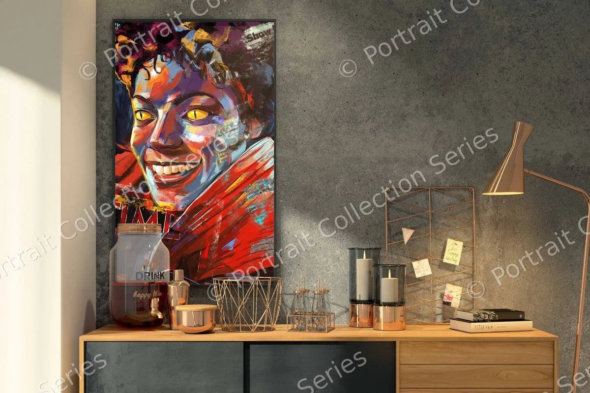 Michael Jackson pop art portrait #5 by Samson McNulty, shown hanging in a room setting