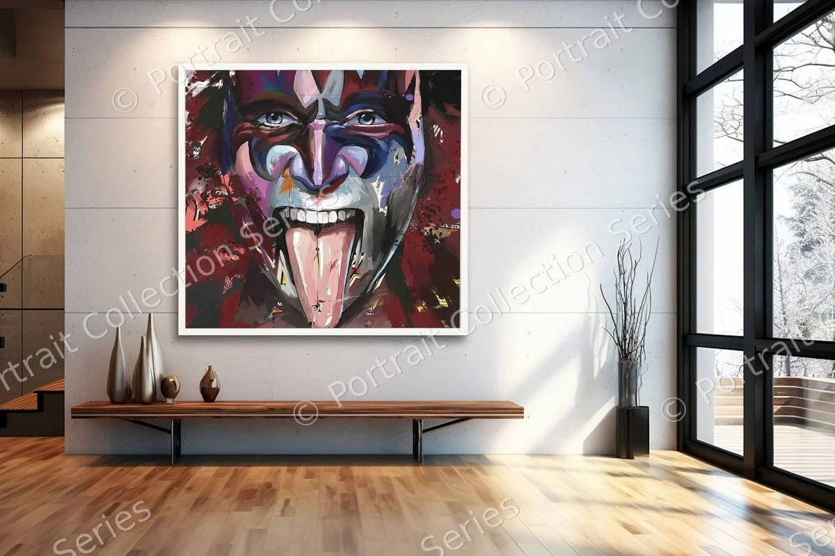 KISS pop art portrait by Samson McNulty, “Shock Rock”, shown hanging in a room setting