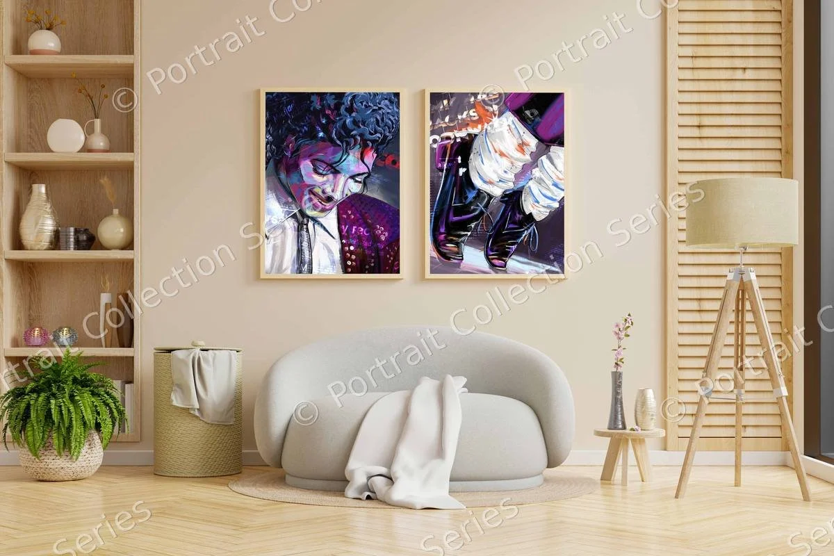 Two Michael Jackson pop art portraits by Samson McNulty hanging side by side in a room setting
