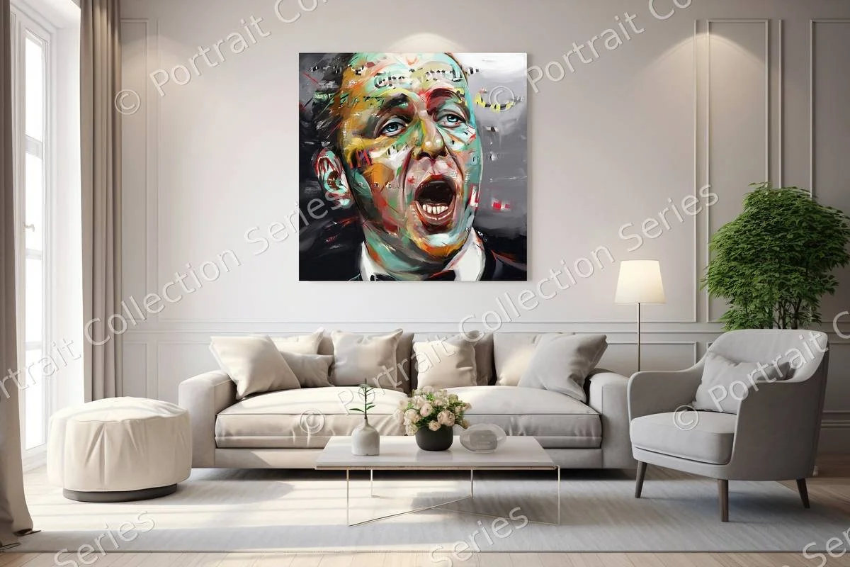 Frank Sinatra pop art portrait by Samson McNulty, “Ol' Blue Eyes”, shown hanging in a room setting
