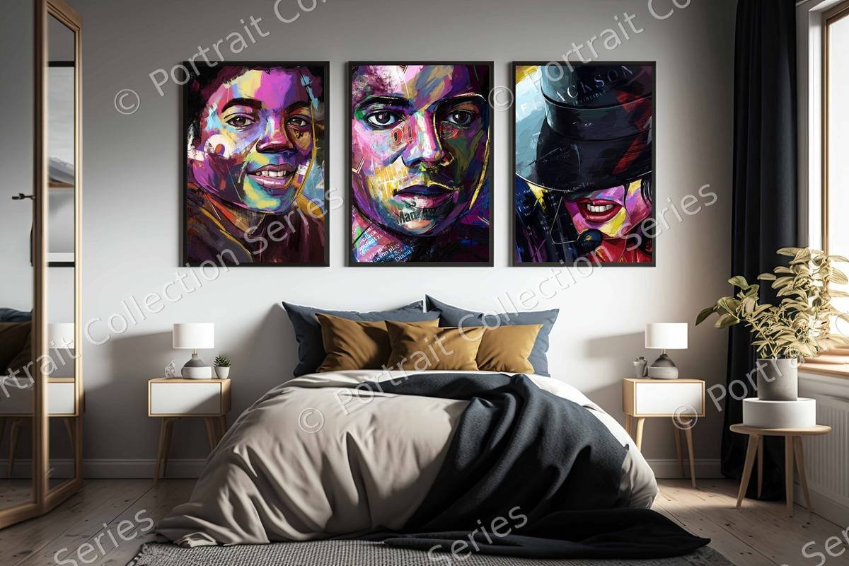 Michael Jackson pop art portrait #2 by Samson McNulty, shown hanging in a room setting