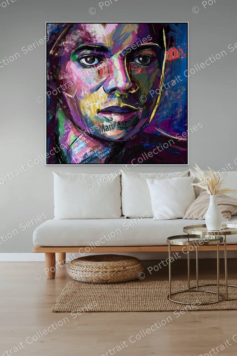 Michael Jackson pop art portrait #1 by Samson McNulty, shown hanging in a room setting